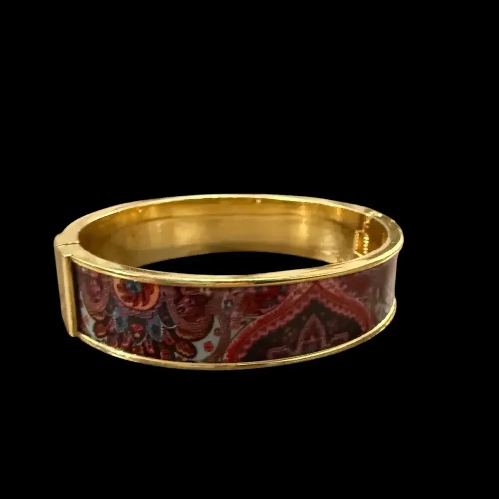 Talbots Paisley Enamel Gold Tone Hinged Bangle Bracelet Boho Chic